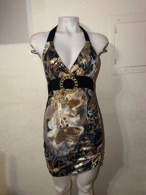 Gold & Black Halter Floral Print Dress with Decorative belt y2k style